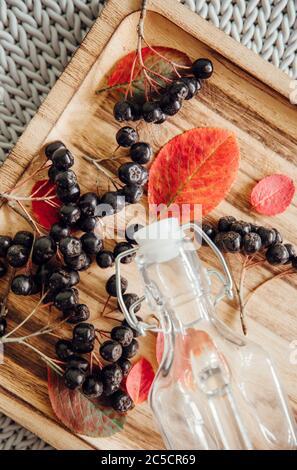 Preparazione di bacche di Aronia (Aronia prunifolia) anche noto come sciroppo di chokeberries in autunno. Bottiglia di succo con frutti di bosco su vassoio di legno Foto Stock