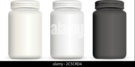 Set di flaconi per uso medico. Contenitori bianchi neri per droghe, pillole, supplementi. illustrazione vettoriale 3d jar. Illustrazione Vettoriale