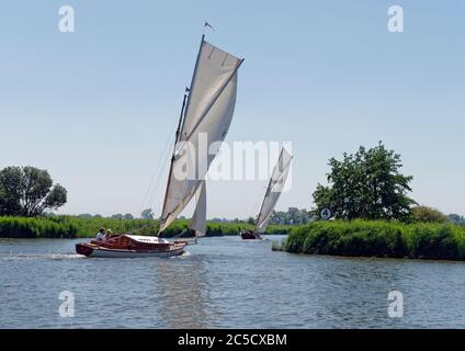 Yacht a vela tradizionali Norfolk River Cruiser Class sul fiume Bure, che si trasformano in Fleet Dyke in direzione South Walsham. Foto Stock