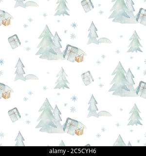 Motivo senza cuciture elementi natalizi acquerelli. Acquerello mano disegnata illustrazione di natale. Disegno delle festività invernali di Capodanno. Foto Stock