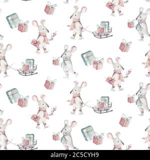 Carino divertente cartoon natale mouse carta di natale. Illustrazione di animale di ratto disegnata a mano di acquerello. Disegno delle festività del nuovo anno 2020. cinese isolato Foto Stock