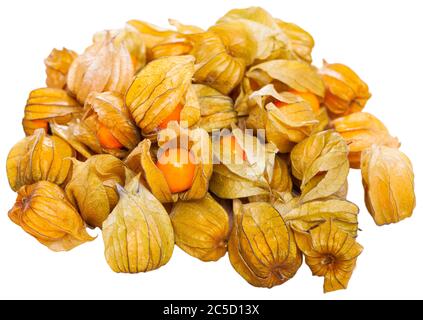 Frutti di fisico peruviano maturi. Concetto di benefici per la salute di frutta. Isolato su sfondo bianco Foto Stock