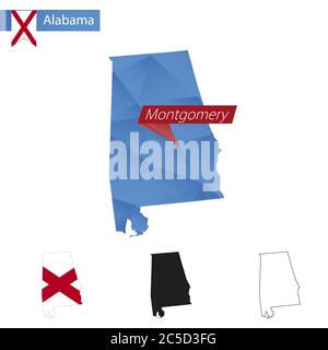 Stato di Alabama blu basso Poly mappa con capitale Montgomery, versioni con bandiera, nero e profilo. Illustrazione vettoriale. Illustrazione Vettoriale