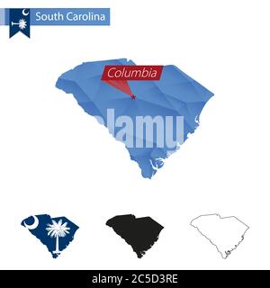 Stato del South Carolina blu basso Poly mappa con la capitale Columbia, versioni con bandiera, nero e profilo. Illustrazione vettoriale. Illustrazione Vettoriale