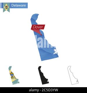 Mappa dello stato del Delaware blu basso poly con dover capitale, versioni con bandiera, nero e contorno. Illustrazione vettoriale. Illustrazione Vettoriale