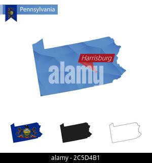 Stato della Pennsylvania blu basso Poly mappa con capitale Harrisburg, versioni con bandiera, nero e profilo. Illustrazione vettoriale. Illustrazione Vettoriale