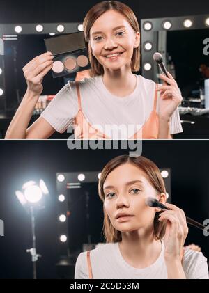 Collage di bella donna che tiene set di trucco e pennello cosmetico in studio fotografico Foto Stock