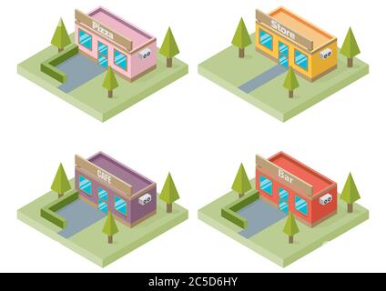Set di edifici: Bar, negozio, pizza, caffè. Stile isometrico Illustrazione Vettoriale
