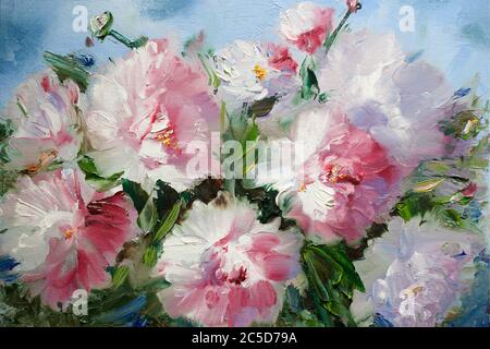 Bouquet di fiori. Olio pittura rosa chiaro peonie primo piano. Pittura ad olio a mano su tela Foto Stock