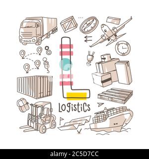 Lettera L - Logistica, serie di alfabeti carini in stile doodle, illustrazione vettoriale Illustrazione Vettoriale