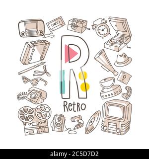 Lettera R - retro, serie di alfabeti carini in stile doodle, illustrazione vettoriale Illustrazione Vettoriale