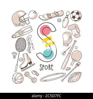 Lettera S - Sport, serie di lettere in stile doodle, illustrazione vettoriale Illustrazione Vettoriale