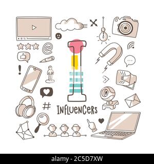 Lettera i - Influencer, serie di alfabeti carini in stile doodle, illustrazione vettoriale Illustrazione Vettoriale