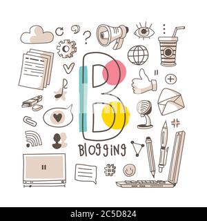 Lettera B - Blogging, serie di alfabeti carini in stile doodle, illustrazione vettoriale Illustrazione Vettoriale