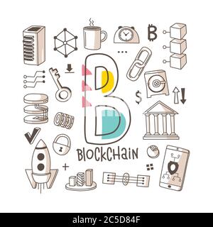 Lettera B - Blockchain, serie di alfabeti carini in stile doodle, illustrazione vettoriale Illustrazione Vettoriale