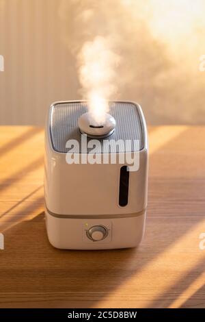 Primo piano del diffusore di olio aromatico sul tavolo a casa, vapore dall'umidificatore dell'aria, vista dall'alto. Aumento dell'umidità dell'aria all'interno, comodo sistema di climatizzazione Foto Stock