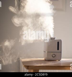 Primo piano del diffusore di olio aromatico sul tavolo a casa, vapore dall'umidificatore dell'aria. Tecnologia ultrasonica, aumento dell'umidità dell'aria all'interno, comfortab Foto Stock