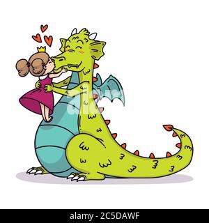 La piccola principessa bacia un drago nel naso. Illustrazione dei bambini fiabesca. Buon San Valentino Card. Illustrazione Vettoriale