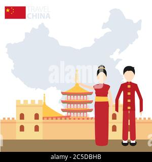 Coppia cinese in costumi nazionali su una mappa di sfondo della Cina. Concetto di viaggio. Illustrazione vettoriale piatta eps 10 Illustrazione Vettoriale