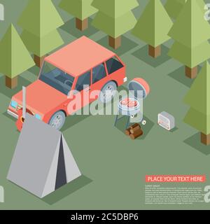 Camping viaggio esterno attivo vacanza appartamento 3d isometrico Illustrazione Vettoriale