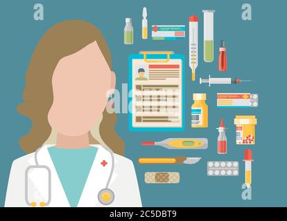 Concetto di medicina. Illustrazione vettoriale in stile moderno e piatto con set di icone e dottore femminile Illustrazione Vettoriale
