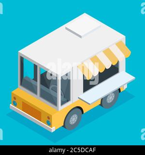 Illustrazione isometrica del camion alimentare in stile piatto Illustrazione Vettoriale