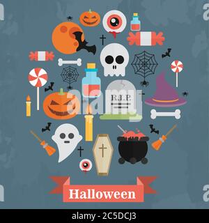 Concetto di Halloween. Le icone piatte si organizzano nel cerchio. Illustrazione vettoriale. Simboli di Halloween. Felice carta di Halloween con nastro. Illustrazione Vettoriale