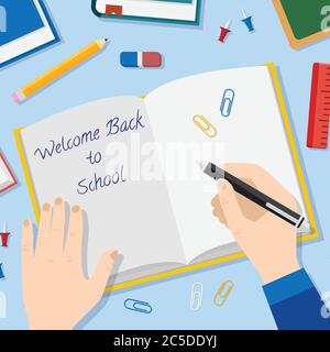 Torna a Scuola Flat Style Vector sfondo con Textbook Pencils Pen Books aperto e altri stazionari Illustrazione Vettoriale