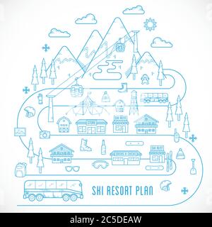 Illustrazione della vacanza Vector Ski Resort stile linea Illustrazione Vettoriale