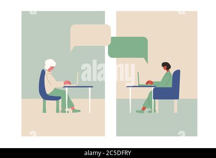 Videochiamata. Intervista online set . Due donne sedute sul laptop e che parlano a distanza con colleghi o familiari. Illustrazione piatta Vecotor. Illustrazione Vettoriale