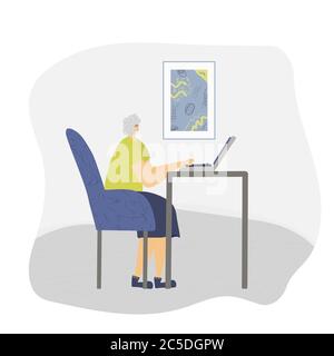 Persona matura seduta al computer portatile e che lavora. Anziane donne freelance che fanno il loro lavoro nella sua stanza. Senior lady che naviga su Internet. Illu. Flat. Vettore Illustrazione Vettoriale