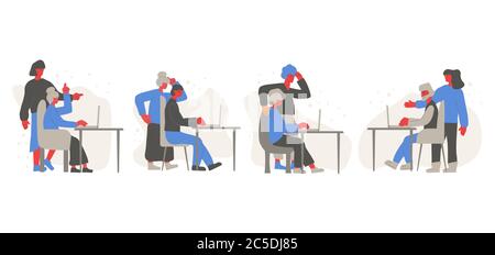 Gli anziani e i giovani trascorrono il tempo insieme per utilizzare le scene del computer isolato ione sfondo bianco. Uomo maturo una donna al computer con la loro famiglia Illustrazione Vettoriale