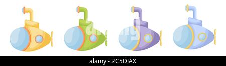 Collezione di simpatici sottomarini del bambino cartoon isolati su sfondo bianco. Set di sottomarini di colori diversi per il design di abbigliamento per bambini Illustrazione Vettoriale