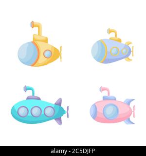 Collezione di simpatici sottomarini del bambino cartoon isolati su sfondo bianco. Set di diversi modelli di sottomarini per la progettazione di abbigliamento per stanze di bambini Illustrazione Vettoriale