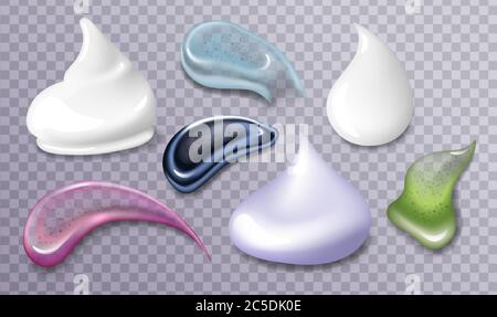 Diversi prodotti per la cura della pelle si prestano a campioni su sfondo grigio. Crema, scrub, gel, campioni di maschere, illustrazioni vettoriali in stile realistico. Bellezza e. Illustrazione Vettoriale