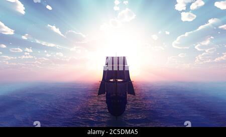 tramonto della vecchia nave in mare, rendering 3d Foto Stock