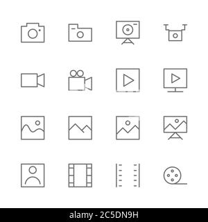 Semplice set di icone di linea sottile del vettore correlate alla telecamera. Contiene video, foto, immagini, droni, registratori, filografia, film, immagini, cinema, studio Illustrazione Vettoriale