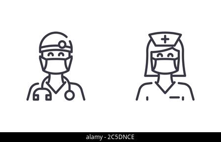 Infermiere femminile e medico indossano maschera medica per proteggere il corpo da Coronavirus o Covid-19. Illustrazione vettoriale. EPS 10. St modificabile Illustrazione Vettoriale