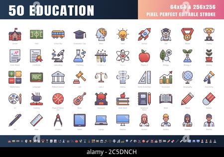 Vettore di 50 Educazione e soggetto scolastico. Set di icone del contorno della linea di colore sfumato pieno. Traccia perfettamente modificabile 64x64 e 256x256 pixel. Vettore. Illustrazione Vettoriale