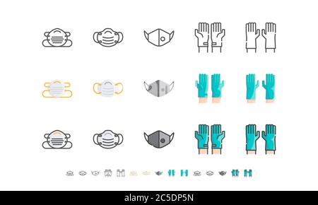 Maschera chirurgica e guanti medici. Covid-19, malattia di Coronavirus 2019 prevenzione. Set di icone linee, piatte, riempite. Tratto modificabile. Illustratore vettore Illustrazione Vettoriale