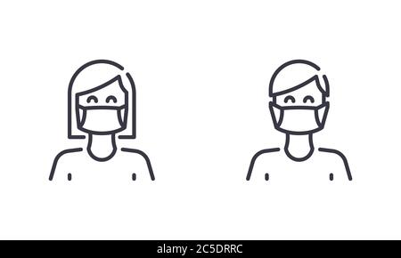 Donna e uomo indossare maschera medica viso per proteggere il sé da Coronavirus o Covid-19. Illustrazione vettoriale. EPS 10. Tratto modificabile. Illustrazione Vettoriale