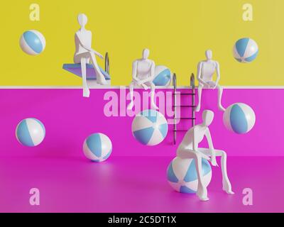Piscina vuota party con palle da spiaggia gonfiabili minimalismo concetto estivo - illustrazione 3d Foto Stock