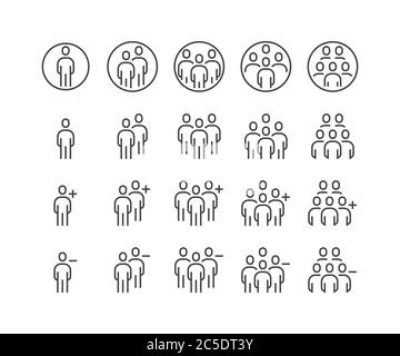 Semplice set di icone vettoriali a contorno piatto relative alle persone d'affari. Contiene come Gruppo di persone, Aggiungi, richiesta amico, comunicazione, lavoro di squadra, Plus, Illustrazione Vettoriale