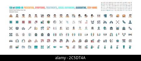 Semplice insieme di Covid-19 prevenzione riempito icone contorno. Come icone come protettivo, Coronavirus, Social Distancing, sintomi, quarantena, soggiorno a casa, Illustrazione Vettoriale