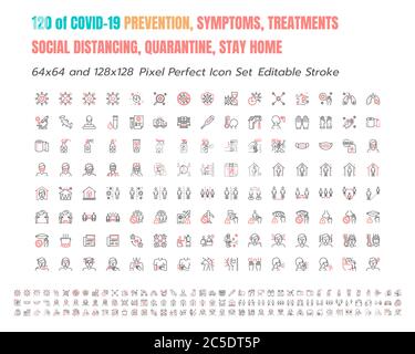 Semplice set di Covid-19 prevenzione Bicolor Line Outline Icons. Come le icone come misure protettive, Coronavirus, Social Distancing, sintomi, soggiorno a Hom Illustrazione Vettoriale