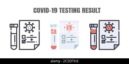 I risultati dei test dei pazienti con Covid-19 sono negativi o positivi. La malattia di Coronavirus 2019 trattamenti di infezione. Set di icone linee, piatte, riempite. E Illustrazione Vettoriale