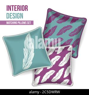 Set di 3 cuscini decorativi coordinati per il design degli interni (motivo piume bianche). Modello idea per la casa di moda tessile design, tessuto design. Cuscino Illustrazione Vettoriale