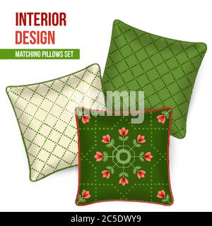 Design tessile domestico, set di 3 cuscini decorativi a disegno matching. Modello idea per la casa di moda tessile design, tessuto design. Vettore cuscino Illustrazione Vettoriale