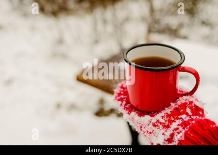 Tazza rossa con caffè caldo o tè sulla neve in inverno. Guanti in maglia  rossa sulle mani Foto stock - Alamy