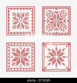 Set di tessere, motivo scandinavo a punto incrociato. Design tradizionale biscornu - ornamento geometrico in rosso per ricamo. Perfetto per il desig di Natale Illustrazione Vettoriale